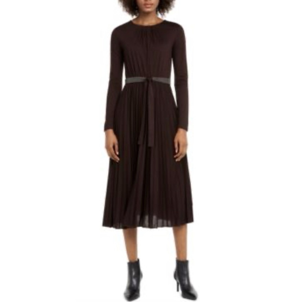 Marella Zufolo Pleated Midi Dress Sz M Brown Corporate Minimalist Luxury Retro